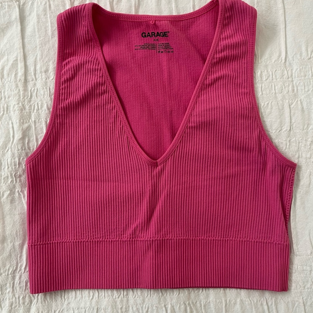 Garage Women's Ribbed V-Neck Crop Tank Top - Hot Pink